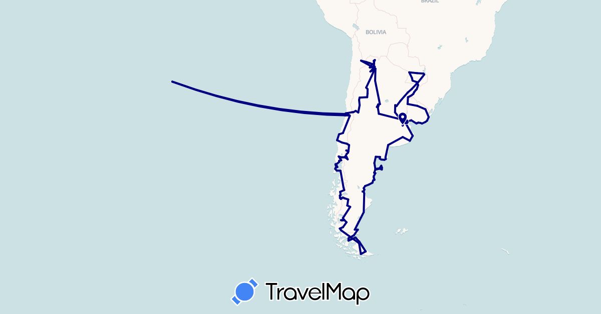 TravelMap itinerary: driving in Argentina, Brazil, Chile, Paraguay, Uruguay (South America)